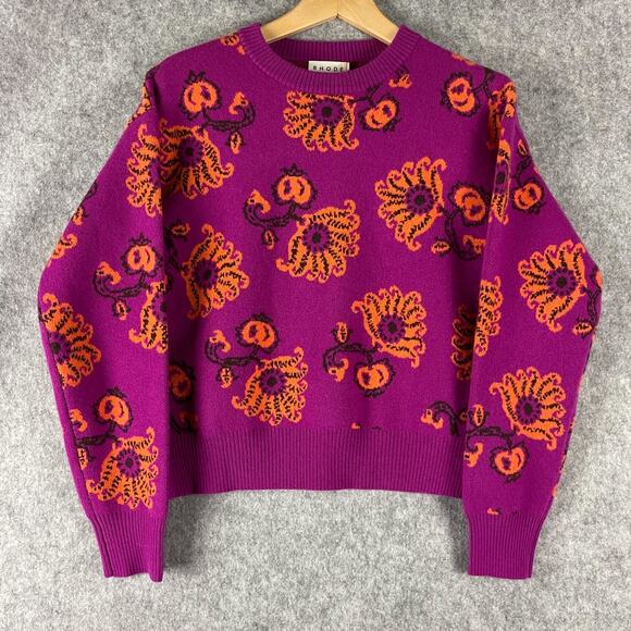 RHODE Lennon Wool Sweater Womens XS Pink Mulberry Floral Knit Colorful NEW - Picture 1 of 14